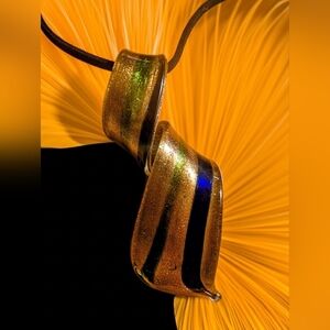 Green, Gold, and Blue striped painted glass pendant